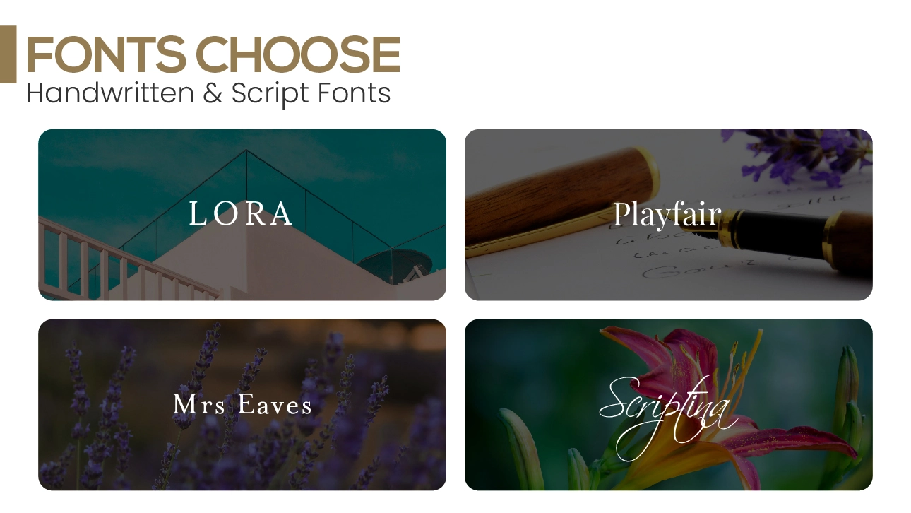 Handwritten & script like lora, playfair Display, Mrs Eaves fonts examples for book covers