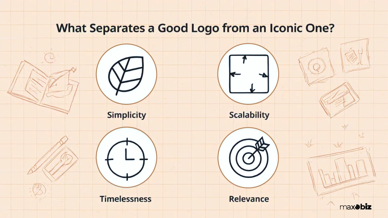 Graphic designer logos showing simplicity, scalability, timelessness, and relevance with icons. 