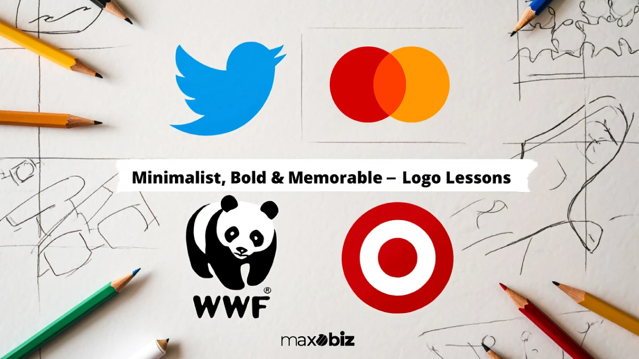 Professional logo designer showcase of minimalist and bold logos—Twitter, Mastercard, WWF, and Target with sketch elements.