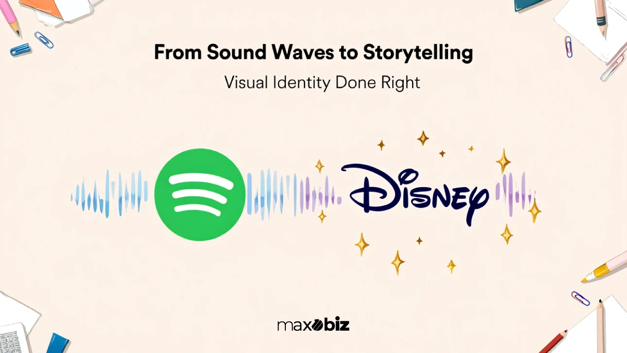Professional logo designer example showing Spotify and Disney logos linked by colorful sound waves and storytelling elements.