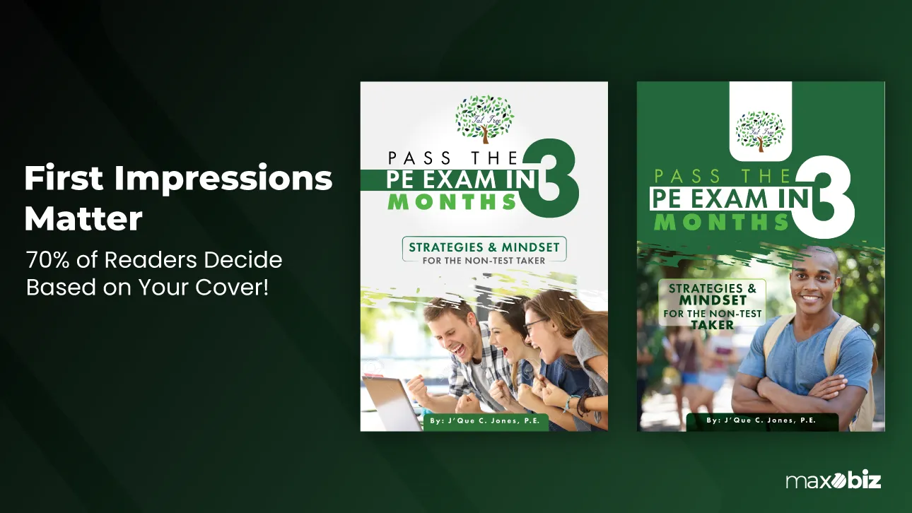 Two variations of a book front cover design for 'Pass the PE Exam in 3 Months', emphasizing the impact of first impressions in reader decisions.
