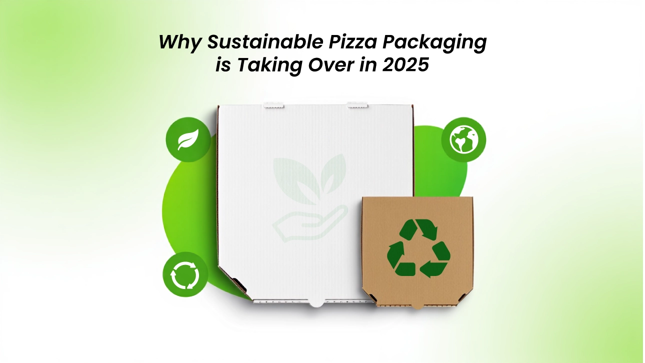 Eco-friendly pizza boxes with recycling and sustainability icons, illustrating a modern trend in pizza packaging design for 2025