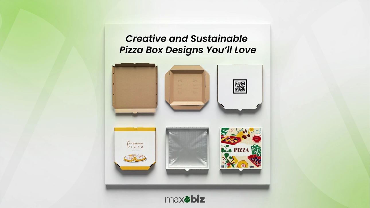 Variety of creative pizza box designs displayed in a grid, including eco-friendly, printed, and QR-coded boxes promoting sustainable packaging trends.