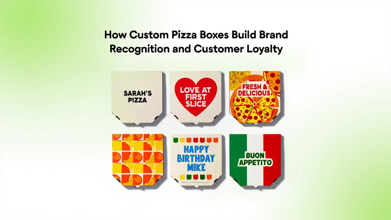 Collection of colorful and themed pizza boxes with custom messages and designs, showcasing innovative pizza packaging ideas for branding and loyalty