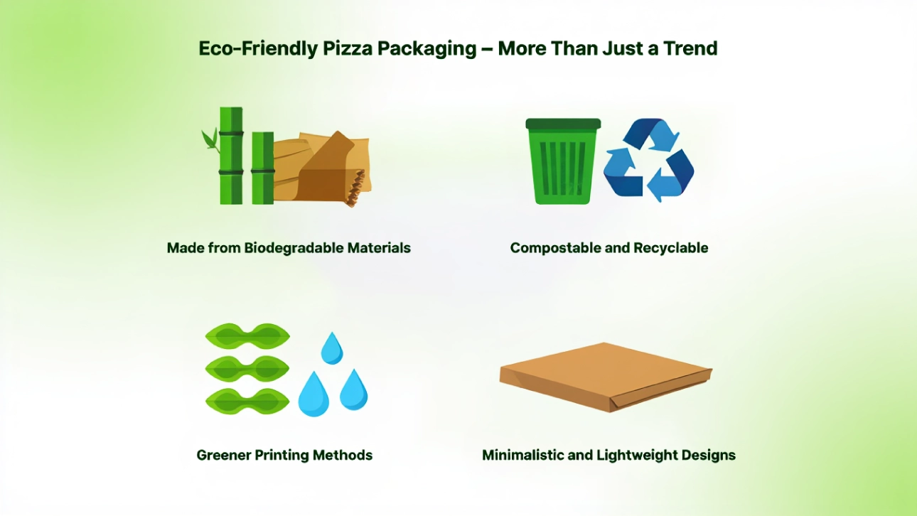 Visual guide highlighting features of eco-friendly pizza packaging, including biodegradable materials, recyclability, green printing, and minimal designs.