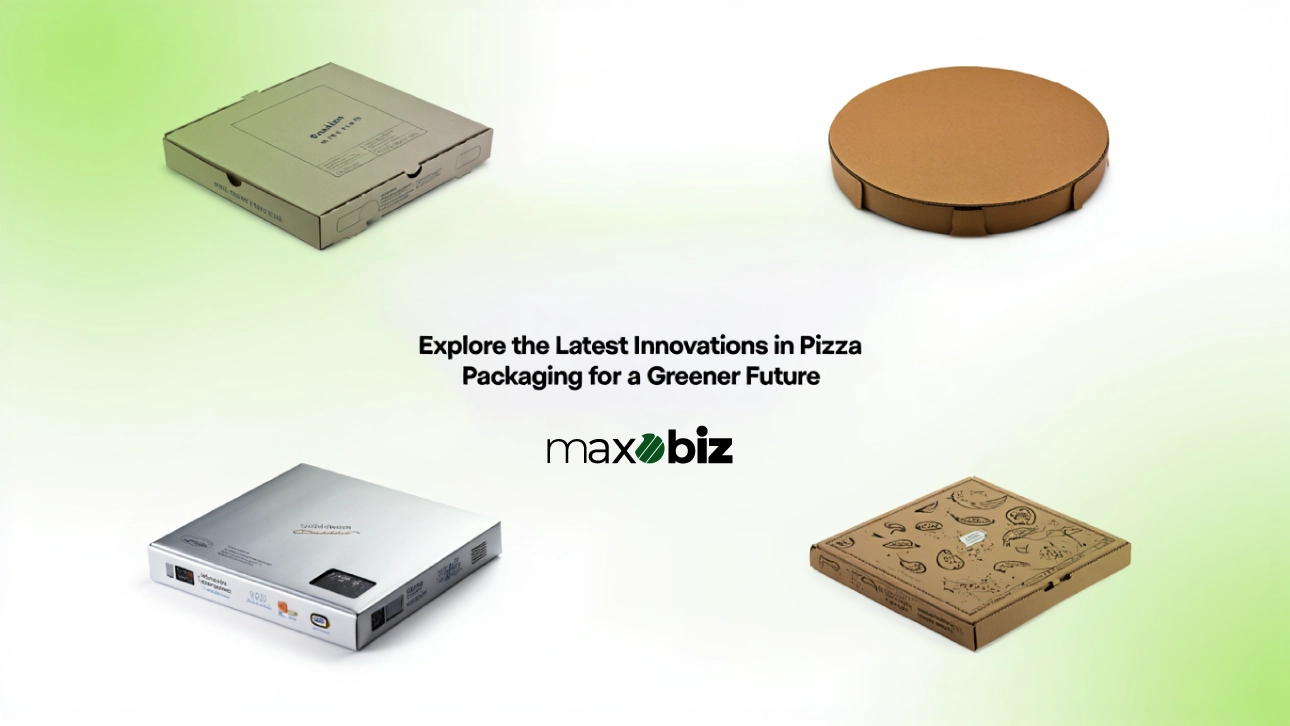 Collection of unique pizza box styles including round, metallic, and eco-friendly designs, representing innovative pizza packaging ideas for a greener future.
