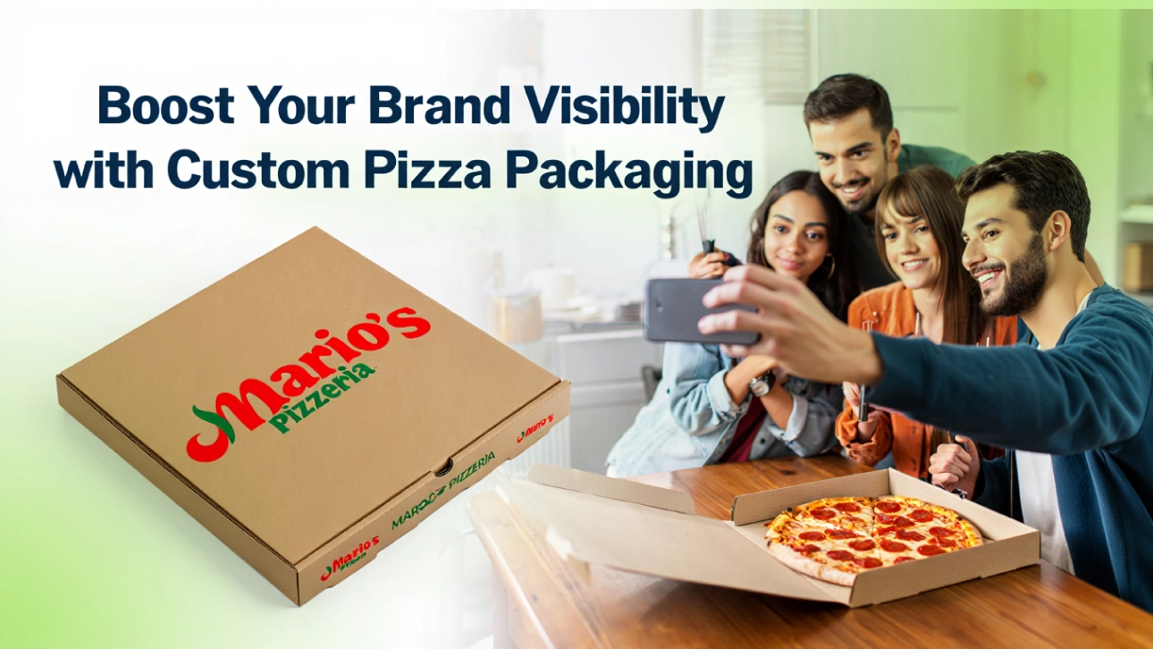 Group of friends taking a selfie with a pepperoni pizza in custom Mario’s Pizzeria box, highlighting the impact of effective pizza box branding.