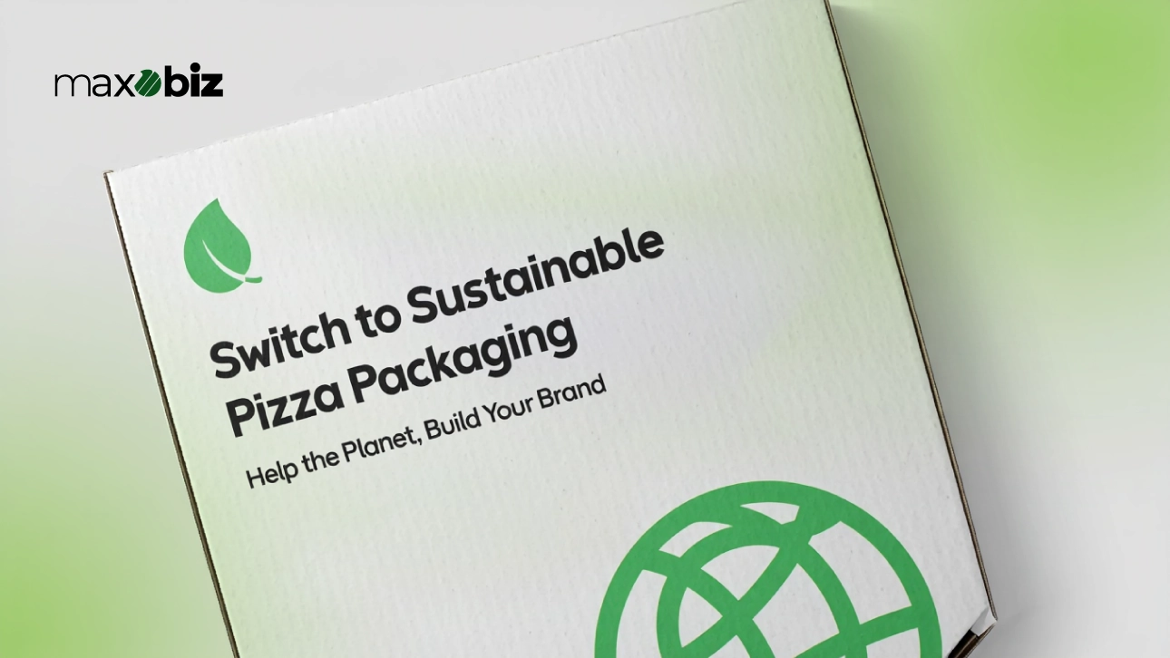 Close-up of a white eco-friendly pizza box with bold typography and green earth icon, showcasing creative pizza box designs for sustainable branding.