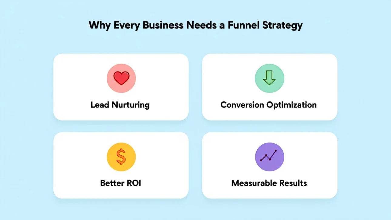 Why every business needs a funnel strategy—showing benefits like lead nurturing, conversion optimization, better ROI, and measurable results.