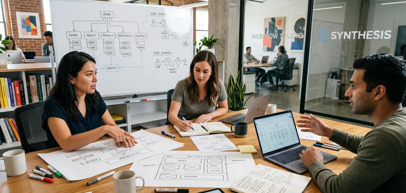 Web development team planning website structure and user journey with wireframes, sitemap diagrams, and responsive design layouts in a collaborative office meeting.