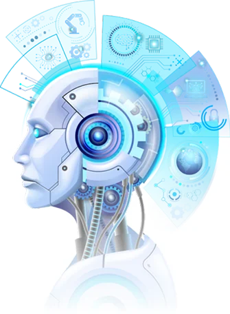 Robot head illustration on a blue and white background, showcasing a futuristic design and technology theme.