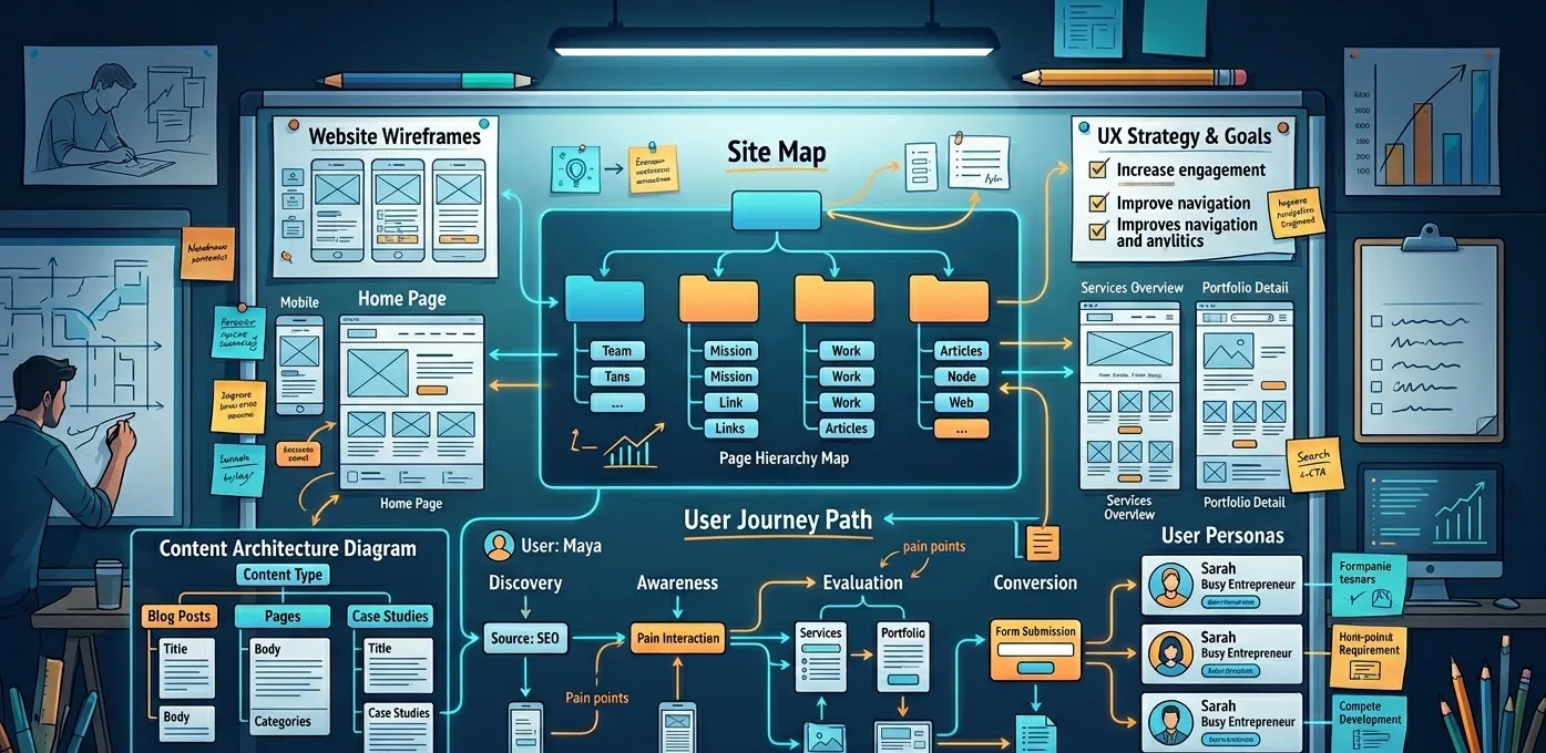 Website planning dashboard displaying wireframes, sitemap structure, content architecture, user journey mapping, UX goals, and page hierarchy for strategic WordPress website development.