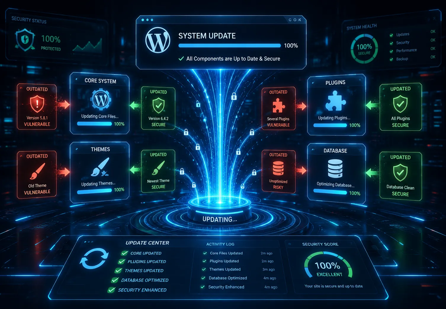 WordPress system update dashboard showing synchronized software updates, plugin maintenance, theme upgrades, database optimization, and enhanced website security.