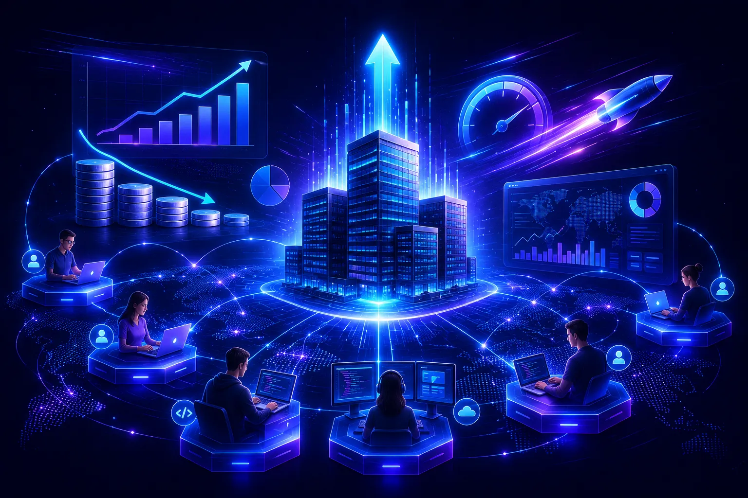 Business professionals collaborate on computers in a modern city, highlighting the advantages of outsourcing web development.