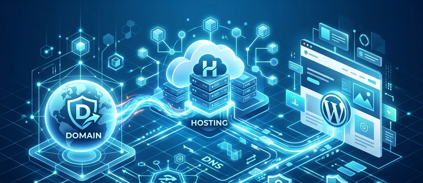 Domain and hosting connected to a WordPress website through DNS, SSL, and secure cloud infrastructure for website installation.