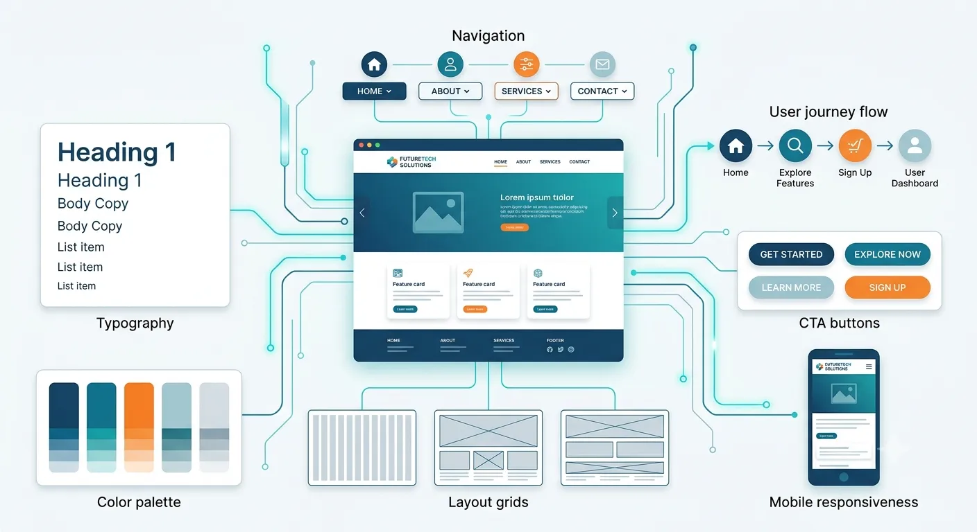 Core components of web designing including website layout, navigation, typography, color palette, CTA buttons, user journey, and mobile responsive design