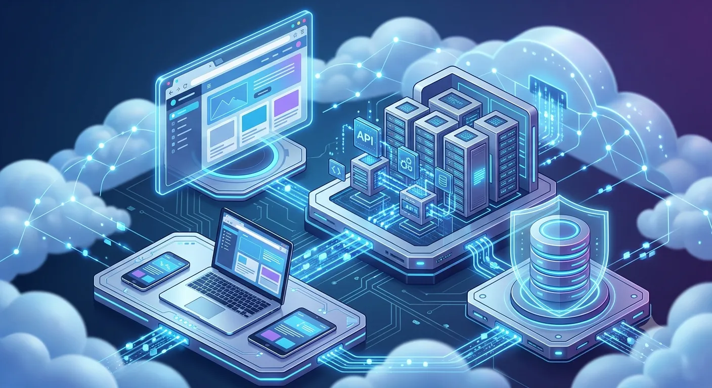Different types of web development illustration showing frontend development, backend development, cloud infrastructure, APIs, databases, and responsive web applications.