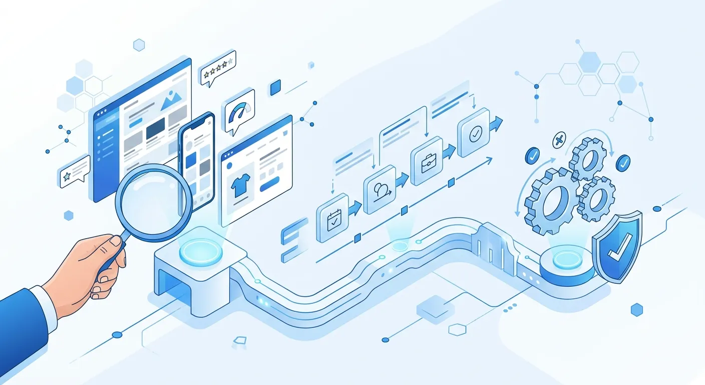 Abstract illustration of evaluating a web development agency with portfolio review, project workflow, quality assurance, security, and technical expertise