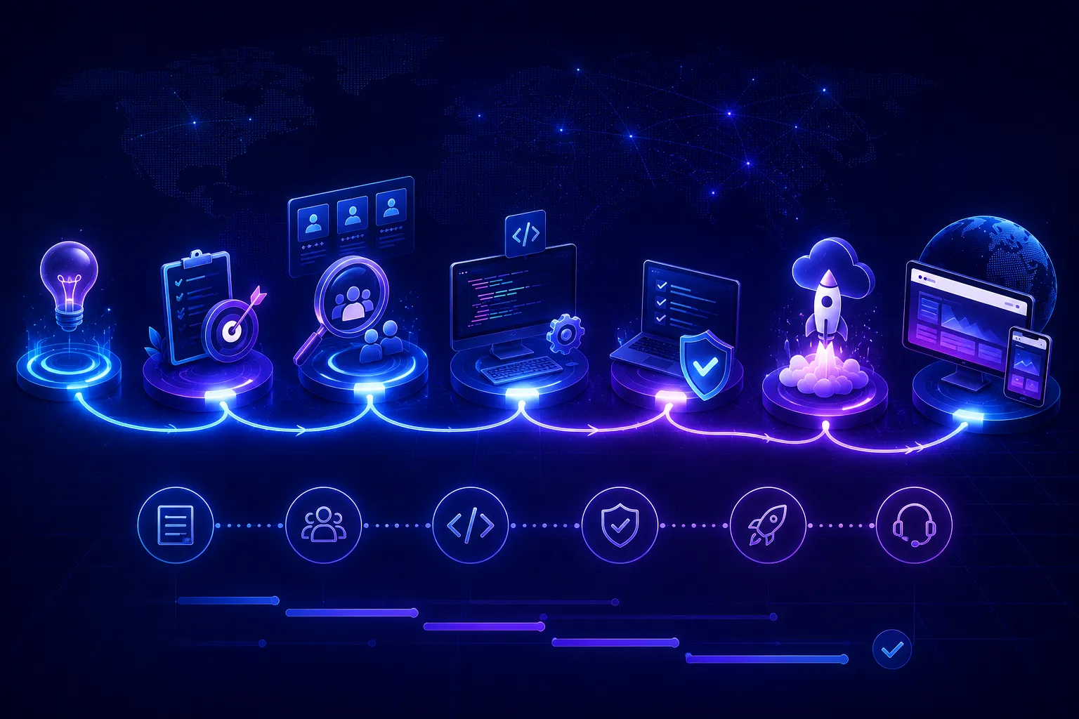 Abstract illustration showing the web development outsourcing process with project planning, vendor selection, coding, testing, deployment, and ongoing support connected through a futuristic digital workflow.