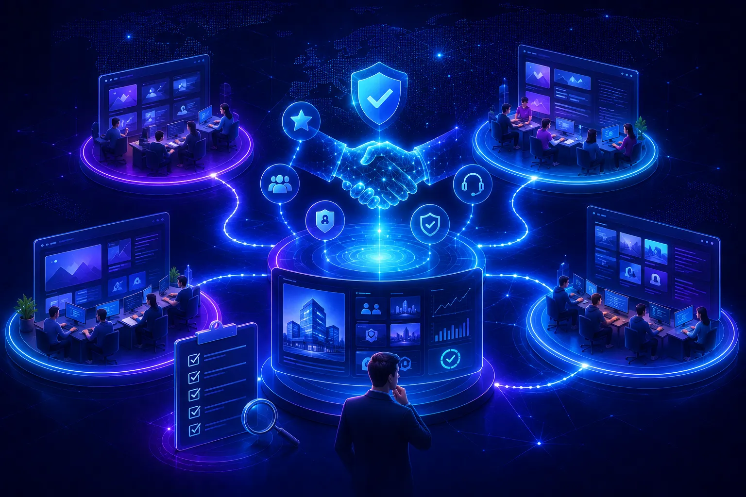 A professional man in a suit examines a computer screen with various displays, representing the selection of outsourcing companies.