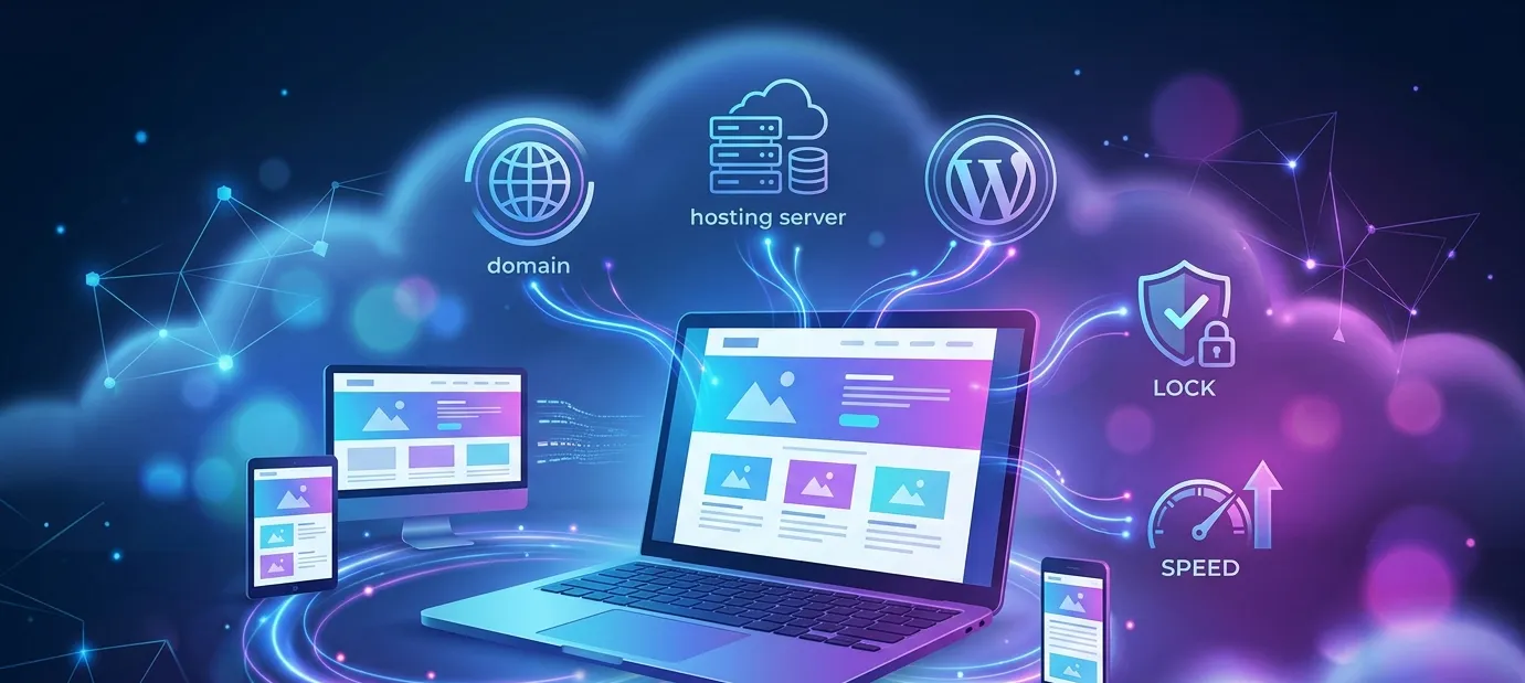 WordPress website installation across desktop and mobile devices with domain, hosting, security, and performance elements in a cloud environment.