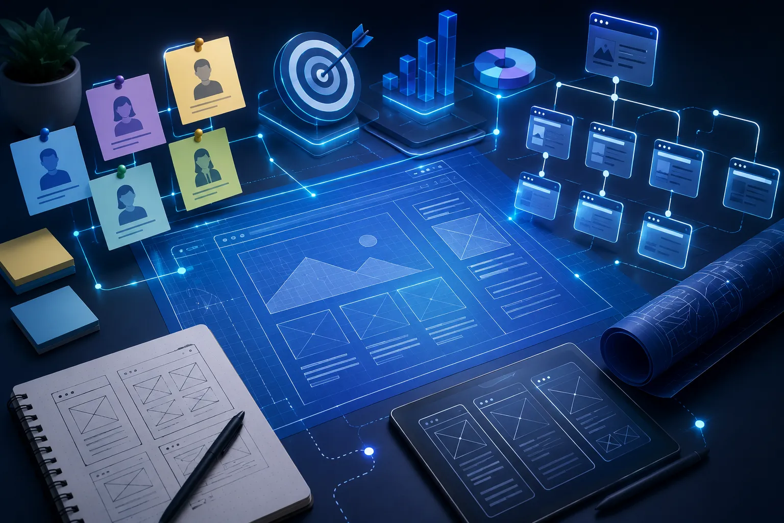 Architectural visualization of website planning with a digital blueprint, wireframe sketches, user personas, sitemap structure, navigation flow, and business strategy elements in a futuristic workspace.