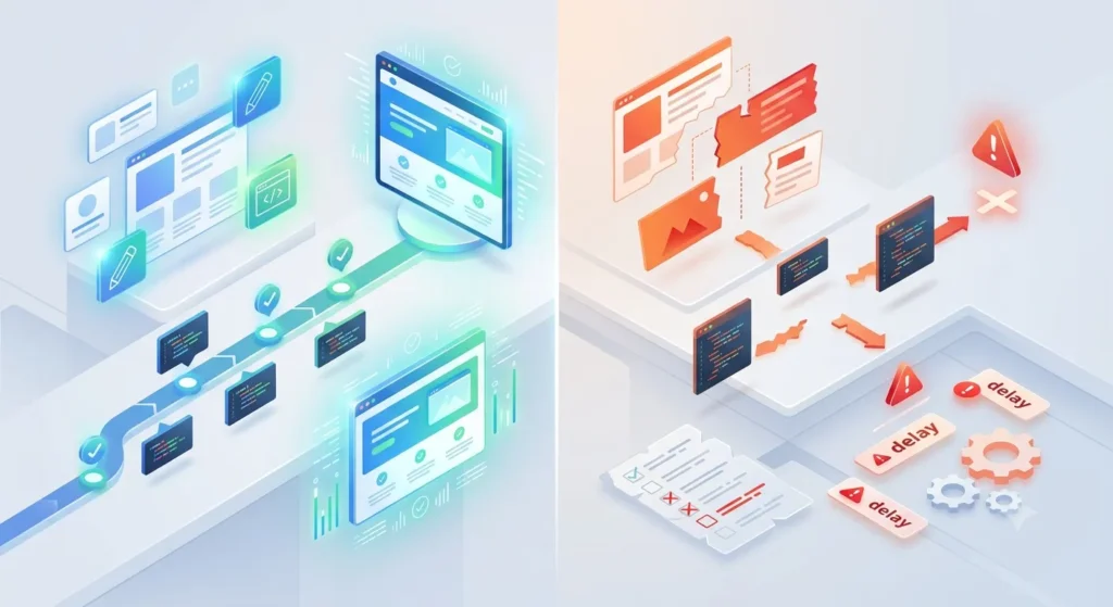 Abstract comparison of reliable and unreliable web development processes showing website planning, project workflow, code quality, delays, and warning indicators