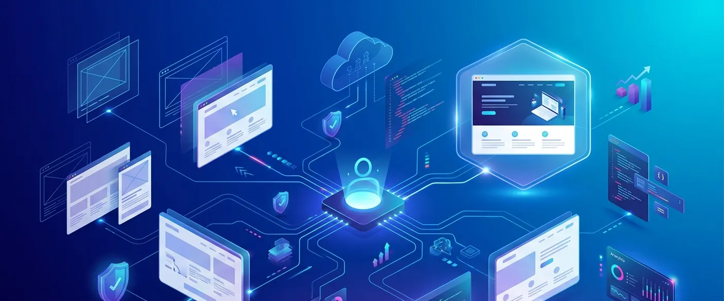 Red flags when hiring a web development agency illustrated through abstract website development, cloud infrastructure, code, security, and digital project workflow