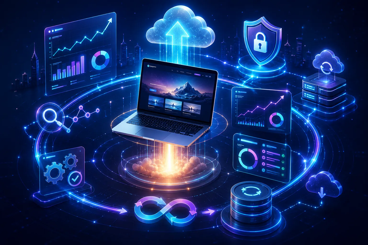 Futuristic illustration of a website launching to the cloud with performance dashboards, security protection, analytics, automated updates, SEO optimization, backup systems, and continuous growth visualization.
