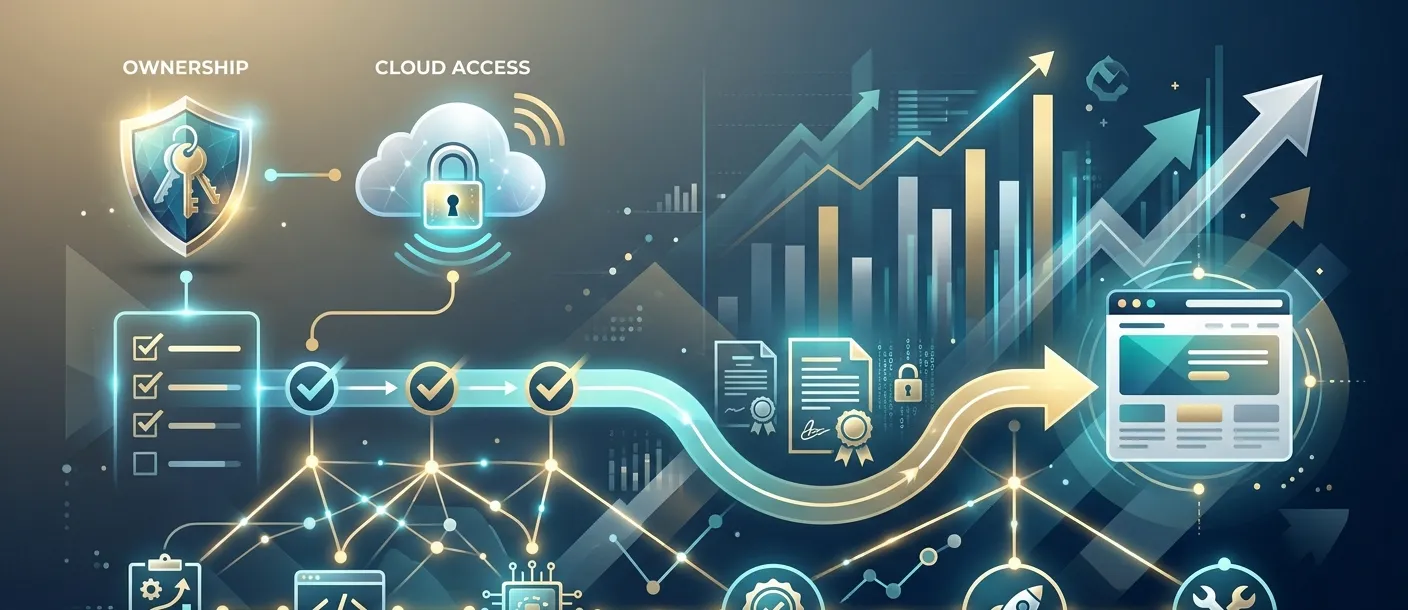 Abstract illustration of website security, cloud infrastructure, project workflow, ownership management, compliance documents, and business growth analytics