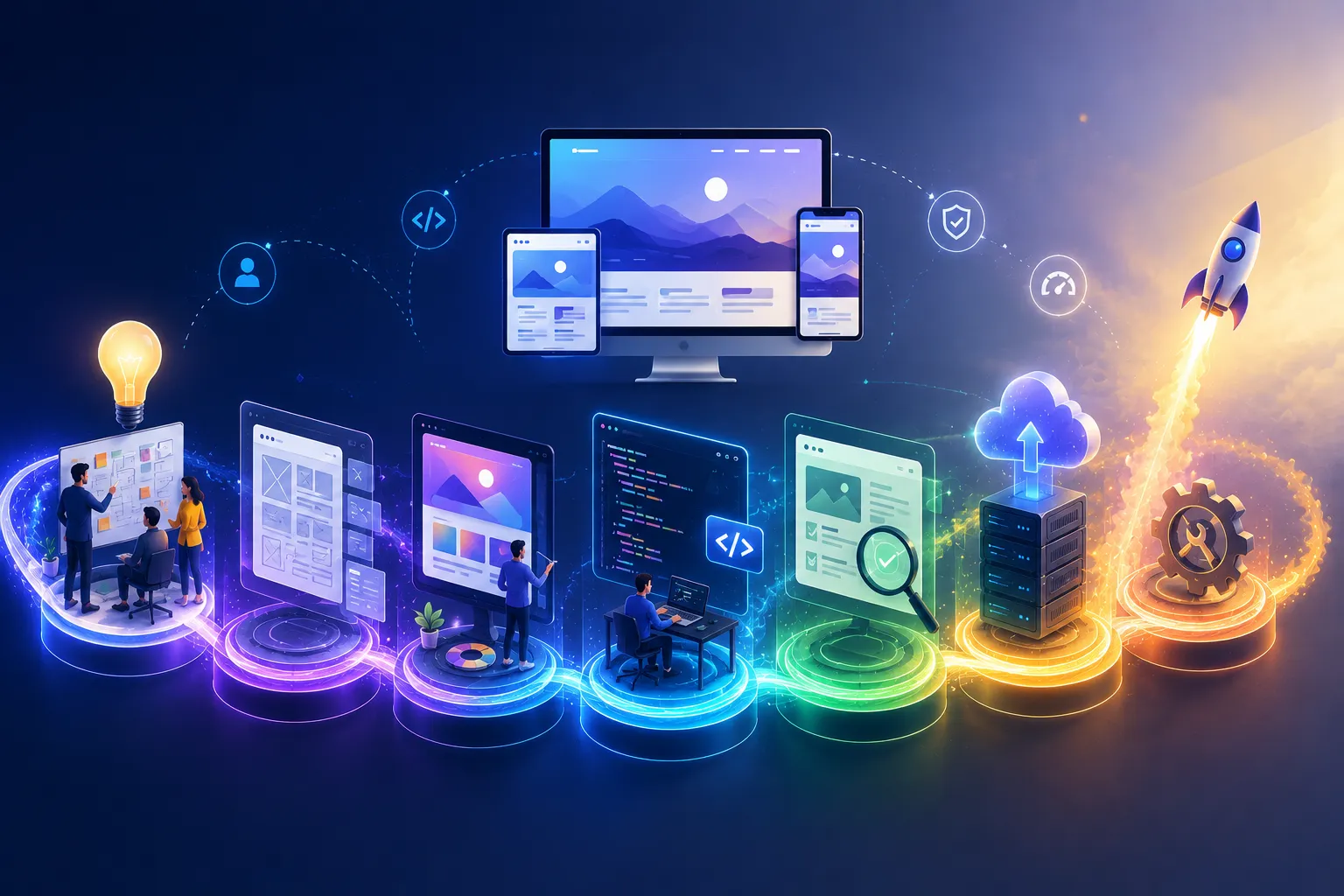 Abstract illustration of the website development process showing planning, wireframing, UI design, coding, testing, deployment, and ongoing maintenance connected through a seamless digital workflow from concept to launch.