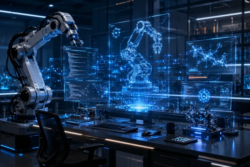 What App Is Used to Code Robots illustrated through a futuristic robotics developer workspace featuring a robotic arm, holographic coding interfaces, AI neural connections, and an advanced robot programming environment.