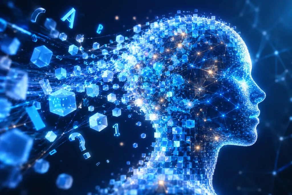 Abstract AI illustration explaining what are tokens in AI, showing a human profile formed from glowing geometric blocks, neural pathways, and floating symbols that represent AI tokens as the building blocks of machine intelligence and language processing.