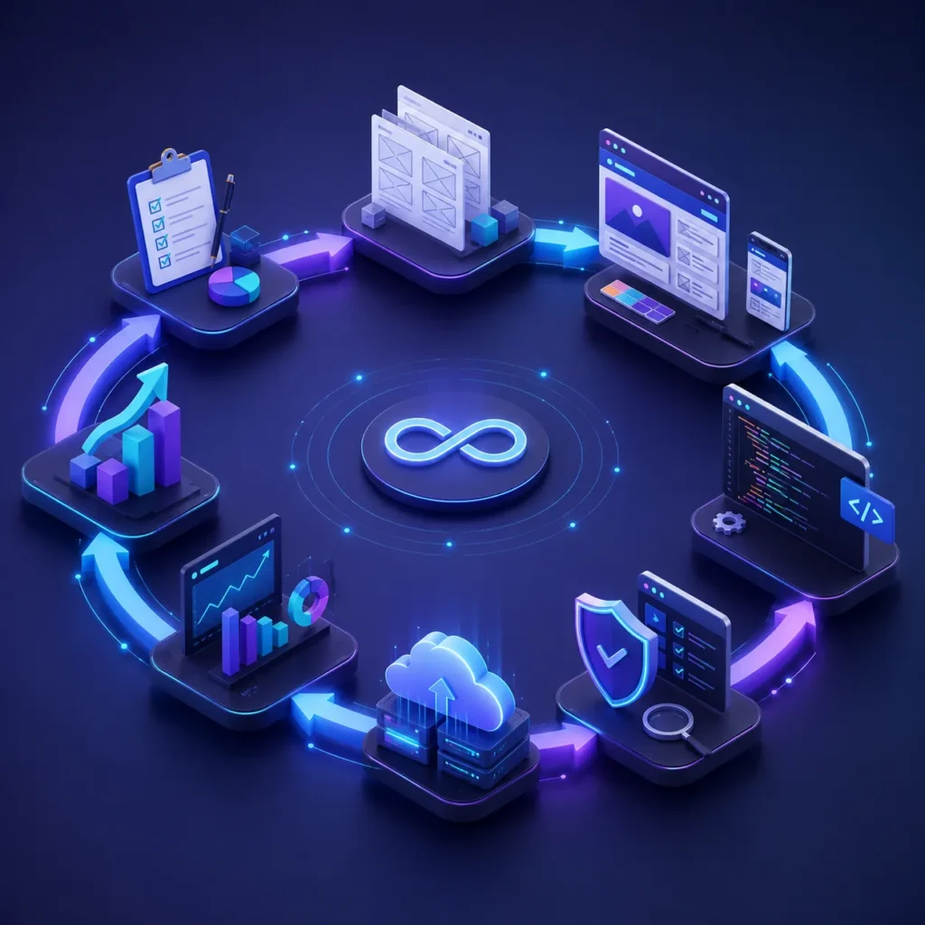 Isometric illustration of the complete web development lifecycle showing planning, wireframing, UI design, coding, testing, cloud deployment, and performance analytics connected in a continuous workflow.