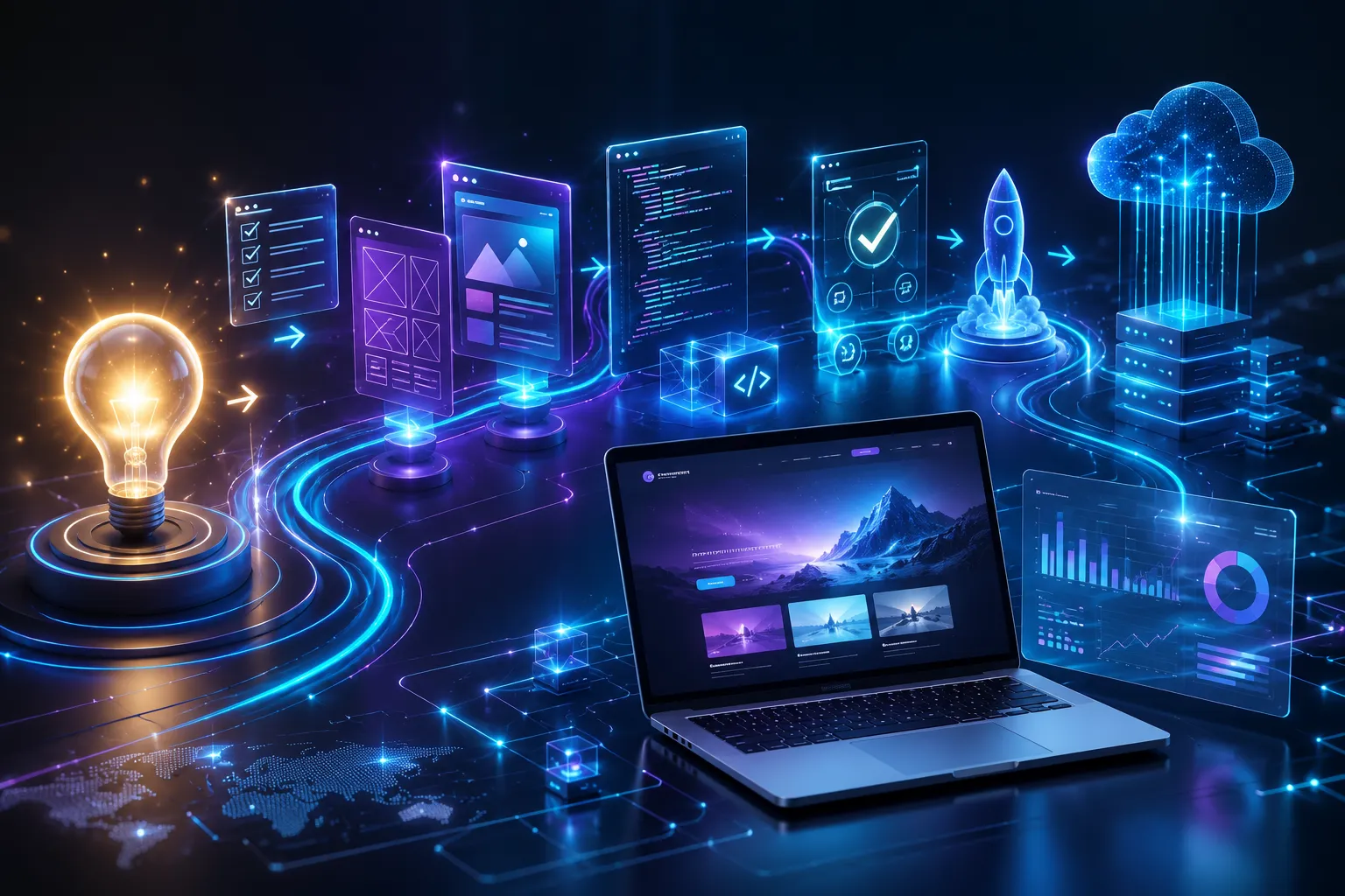 3D illustration showing the web development lifecycle, where a glowing lightbulb transforms into a modern website through planning, UI design, coding, testing, deployment, and cloud infrastructure connected by futuristic digital pathways.