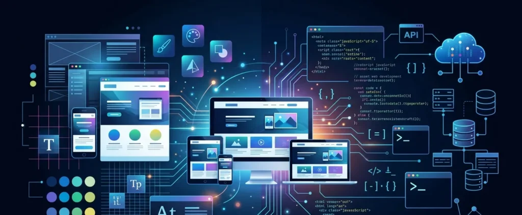 Web designing and development concept showing responsive website design, frontend and backend development, APIs, cloud infrastructure, and cross-device web development workflow