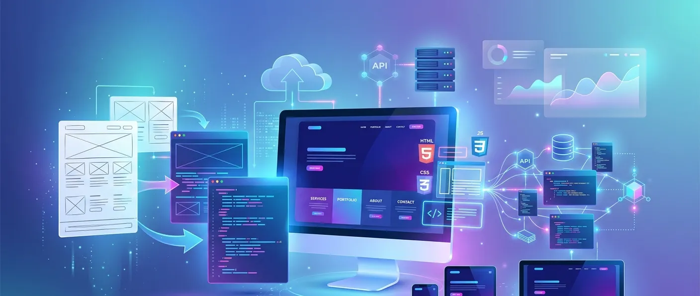 Web designing and development illustration showing UI wireframes transforming into a responsive website with frontend, backend, cloud infrastructure, APIs, and analytics dashboard