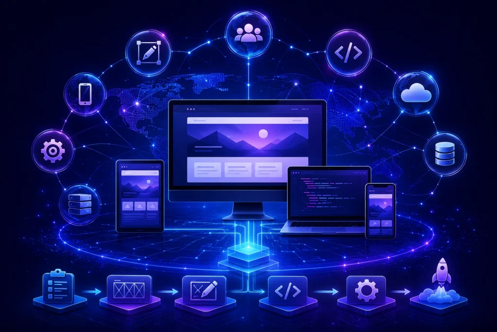 Abstract illustration of web development outsourcing showing a responsive business website connected to frontend, backend, cloud, APIs, databases, and global development services across multiple digital devices.