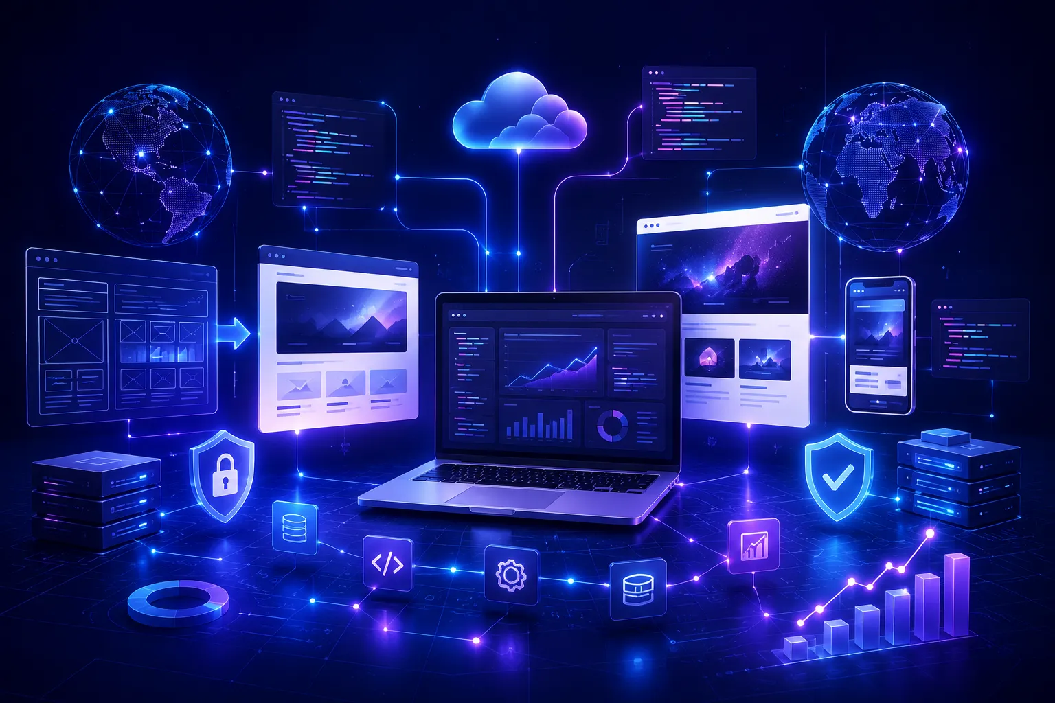 Futuristic illustration of web development outsourcing with cloud collaboration, website wireframes, secure digital networks, development workflow, analytics dashboard, and connected global technology infrastructure.