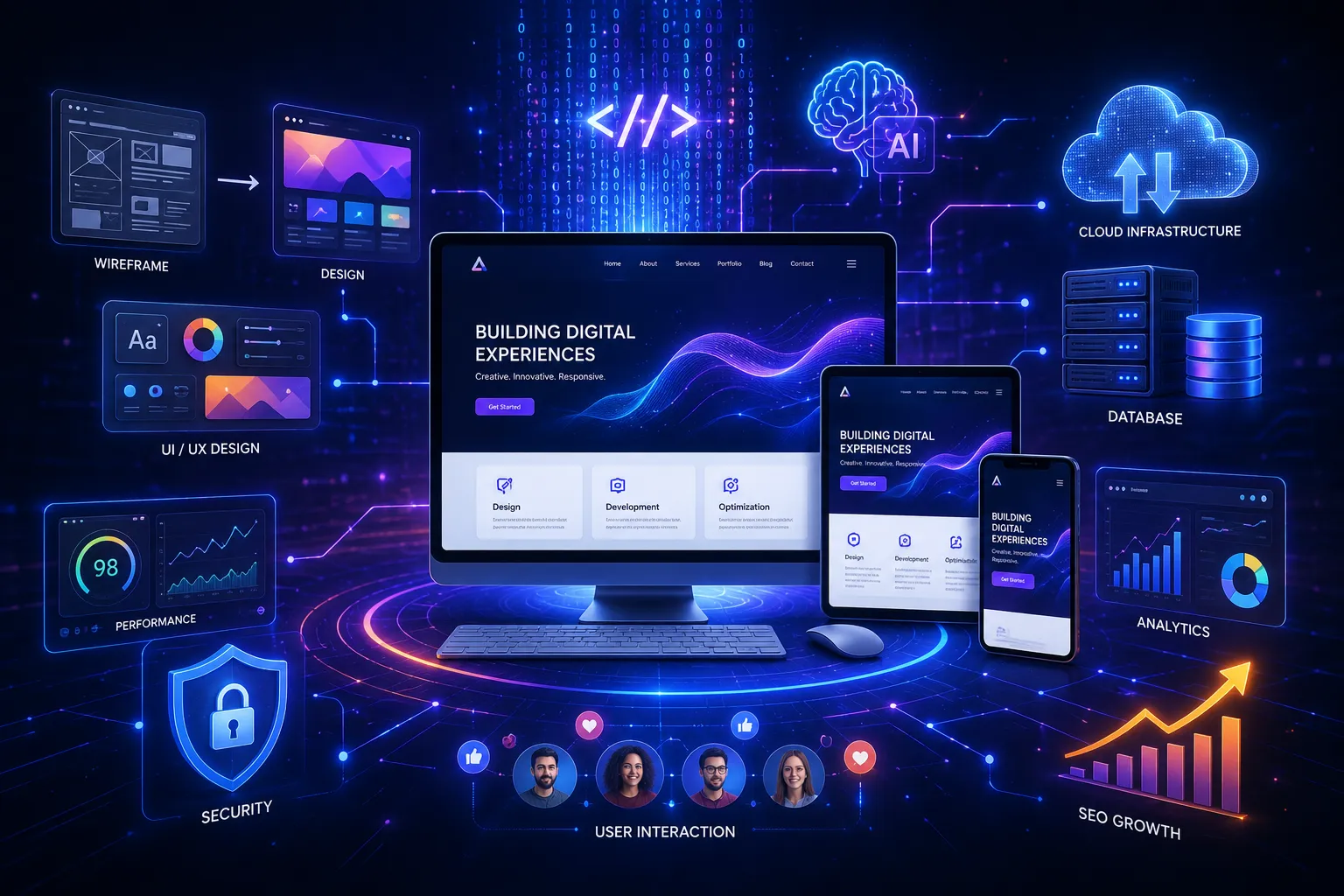 Abstract illustration of the web development ecosystem showing a responsive website across desktop, tablet, and mobile devices with UI/UX design, cloud infrastructure, code, analytics, cybersecurity, SEO growth, and AI-powered development elements.