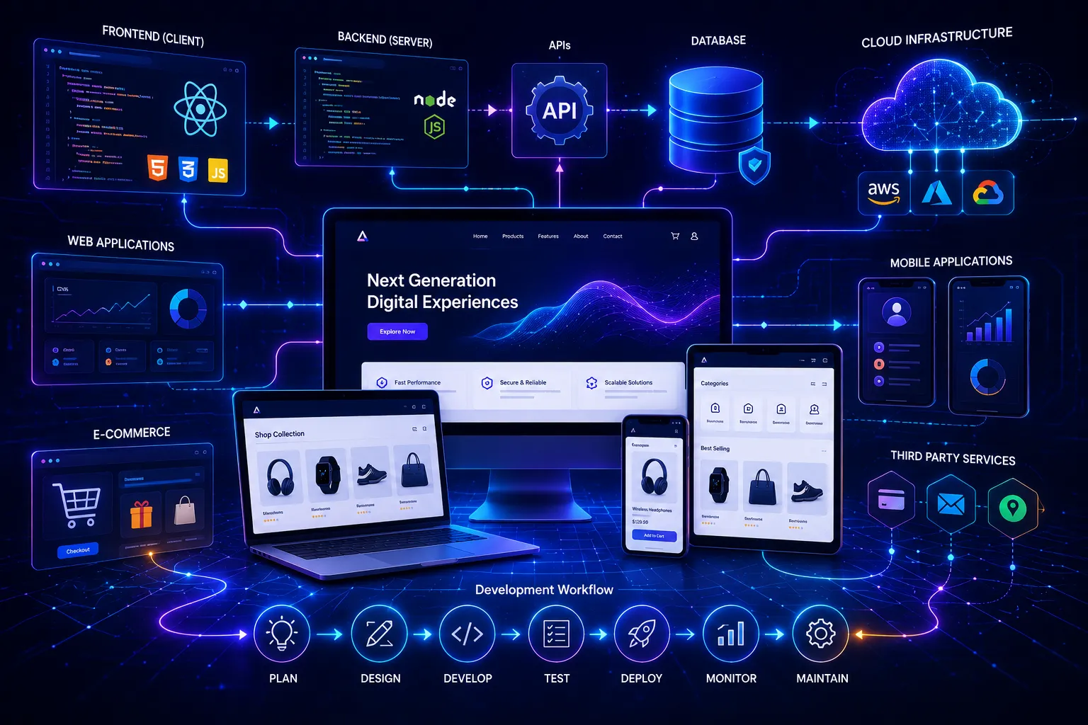 Abstract illustration of a connected web development ecosystem showing frontend development, backend servers, databases, APIs, cloud infrastructure, mobile applications, ecommerce platforms, and web applications integrated through a unified digital workflow.
