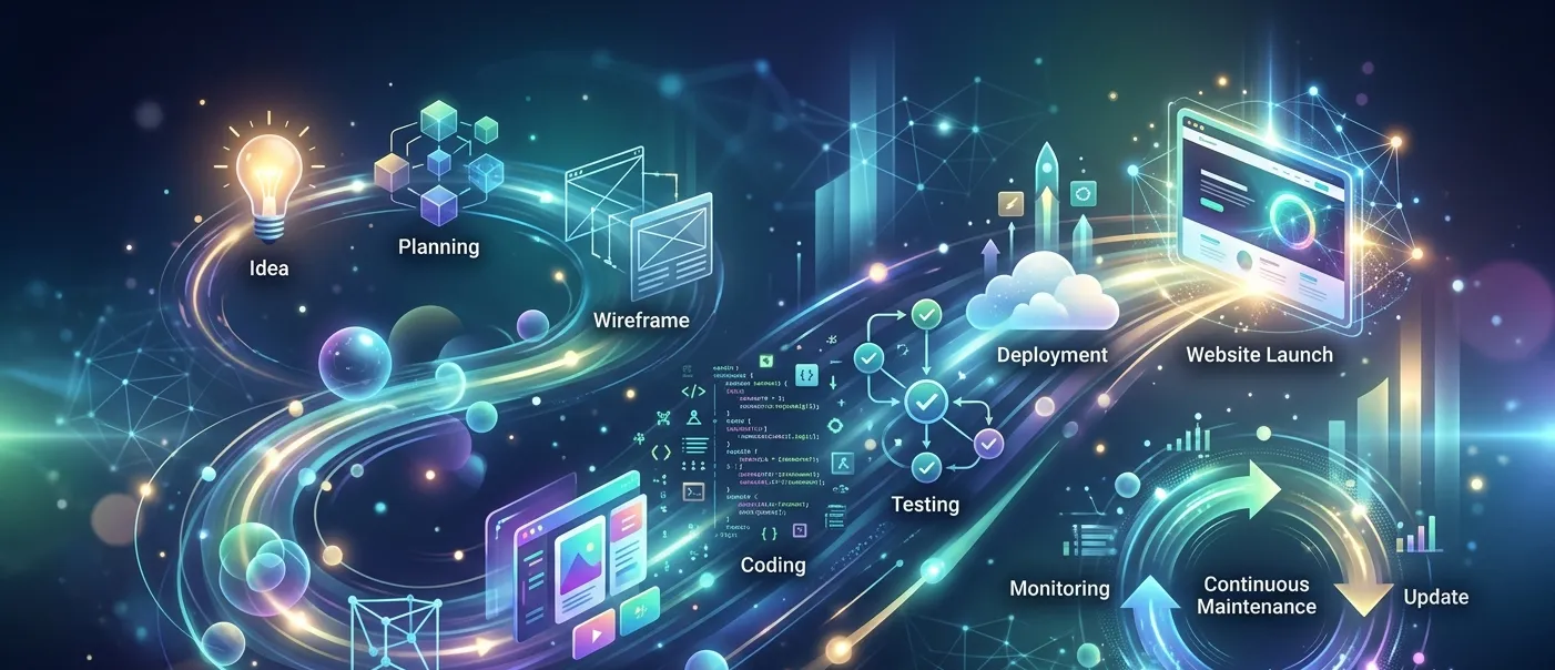 Web designing and development process illustration showing idea, planning, wireframing, UI design, coding, testing, deployment, website launch, and ongoing website maintenance