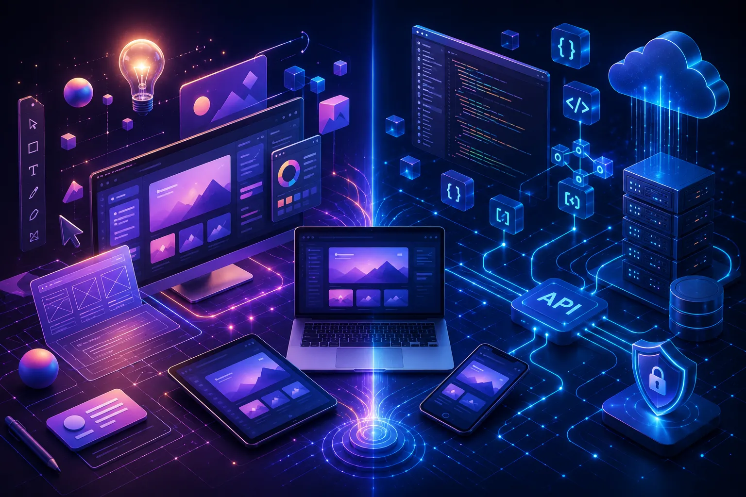 Futuristic illustration showing the connection between UI/UX design and backend web development, featuring responsive interfaces, API integrations, secure architecture, and abstract software engineering elements.