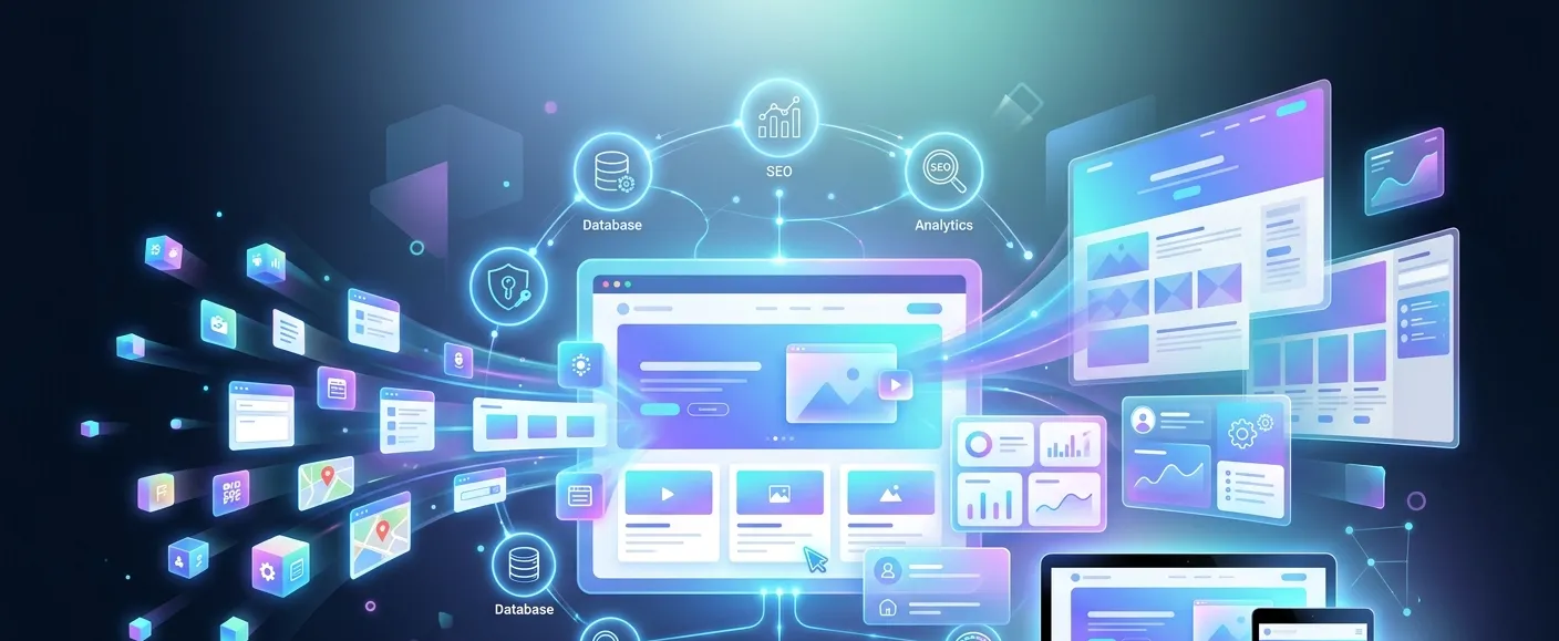 WordPress customization ecosystem showing themes, plugins, SEO, analytics, security, database, and responsive website design across multiple devices.