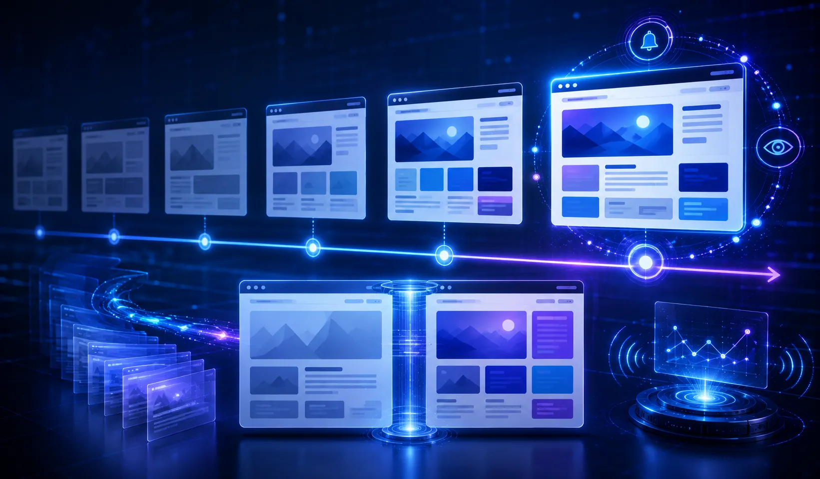 Website version history showing older and newer webpage designs connected by a timeline with comparison scanning and update monitoring signals.