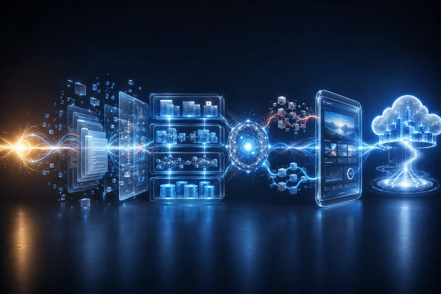 Futuristic visual journey showing an idea transforming into code layers, app architecture, AI-assisted debugging, a completed interface, and cloud deployment.