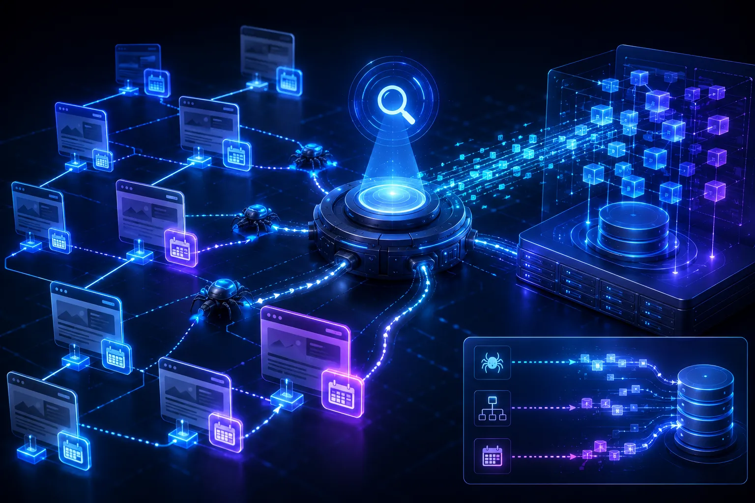 Website pages connected through a sitemap network with search crawling signals, update markers, and data flowing into a search index.
