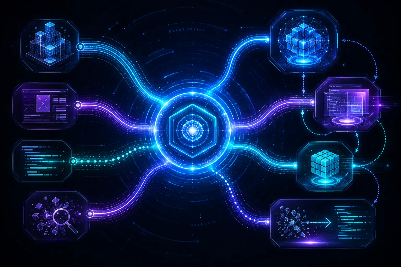 Abstract AI routing engine directing code generation, interface design, autocomplete, and debugging tasks through connected glowing model pathways.