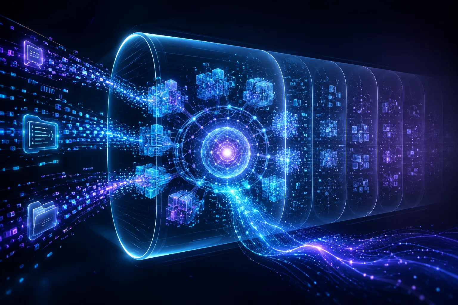 Abstract AI context window showing glowing data fragments, memory layers, and a central neural core processing recent information within a transparent active memory chamber.