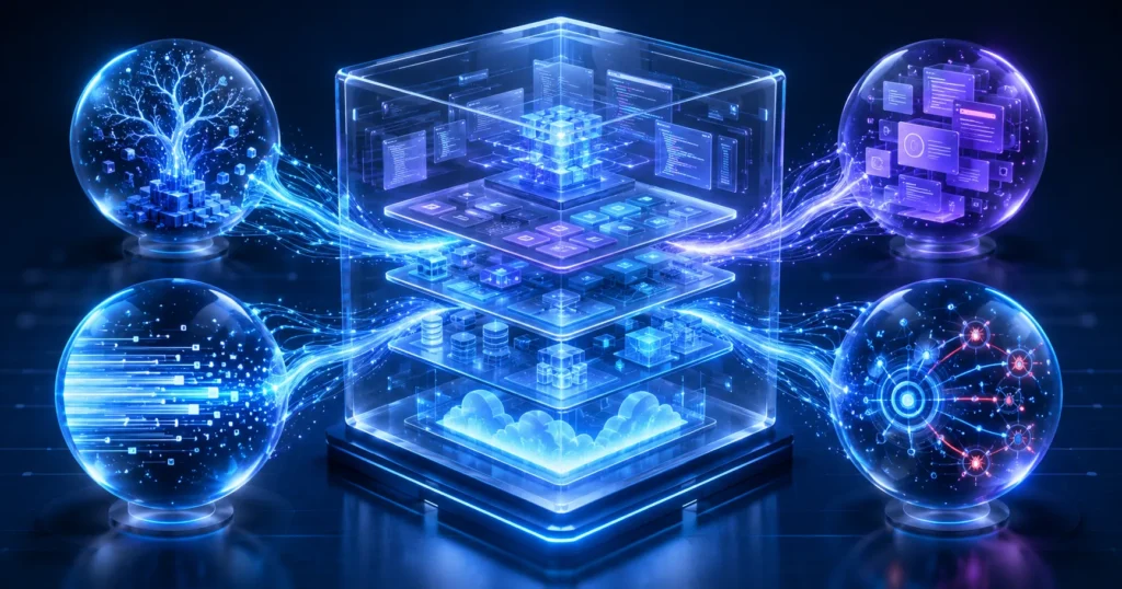Futuristic glass development cube powered by four connected AI cores for code generation, interface design, autocomplete, debugging, database management, and cloud deployment.